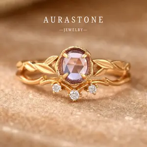 【#105 RS】Natural Amethyst ring set (2 pieces), vintage style, S925 sterling silver, engagement ring, women's everyday jewelry.