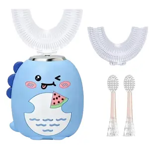 Kids U Shaped Electric Toothbrush with 4 Brush Heads, 360° Sonic Automatic Toothbrush with 3 Cleaning Modes, IPX7 Waterproof Cartoon Dinosaur Design (Ages 2-12)
