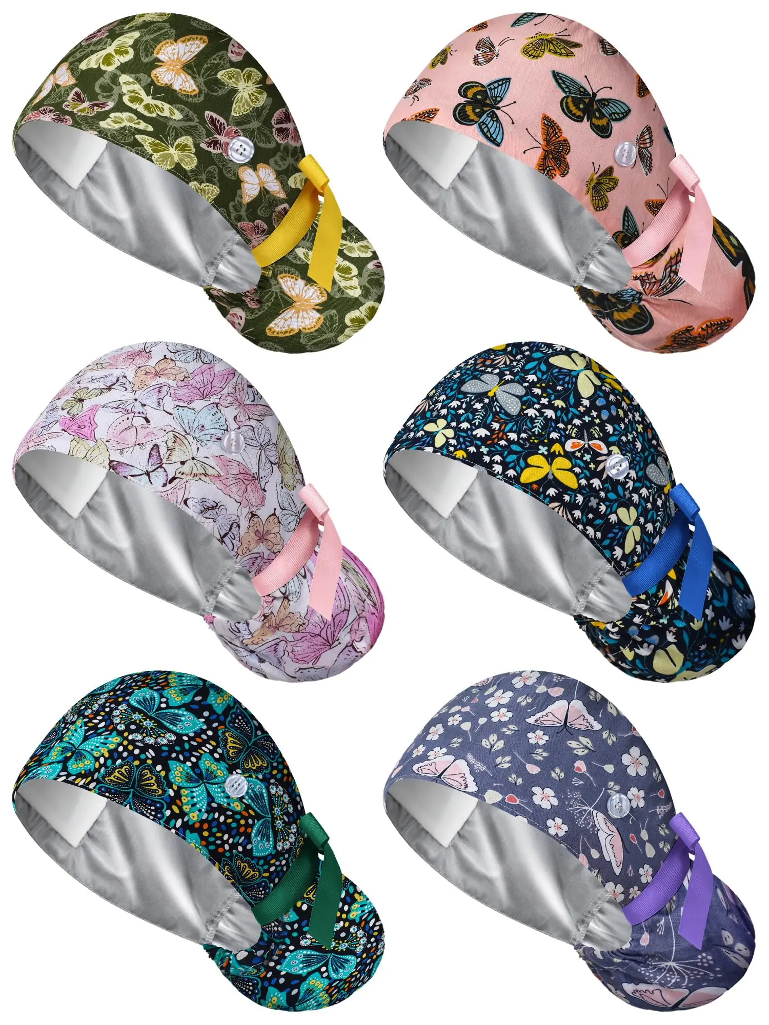 6Pcs Satin Lined Scrub Caps – Ponytail Surgical Hat with Buttons & Adjustable Tie, Nurse Work Cap 6Pcs Satin Lined Scrub Caps – Ponytail Surgical Hat with Buttons & Adjustable Tie, Nurse Work Cap