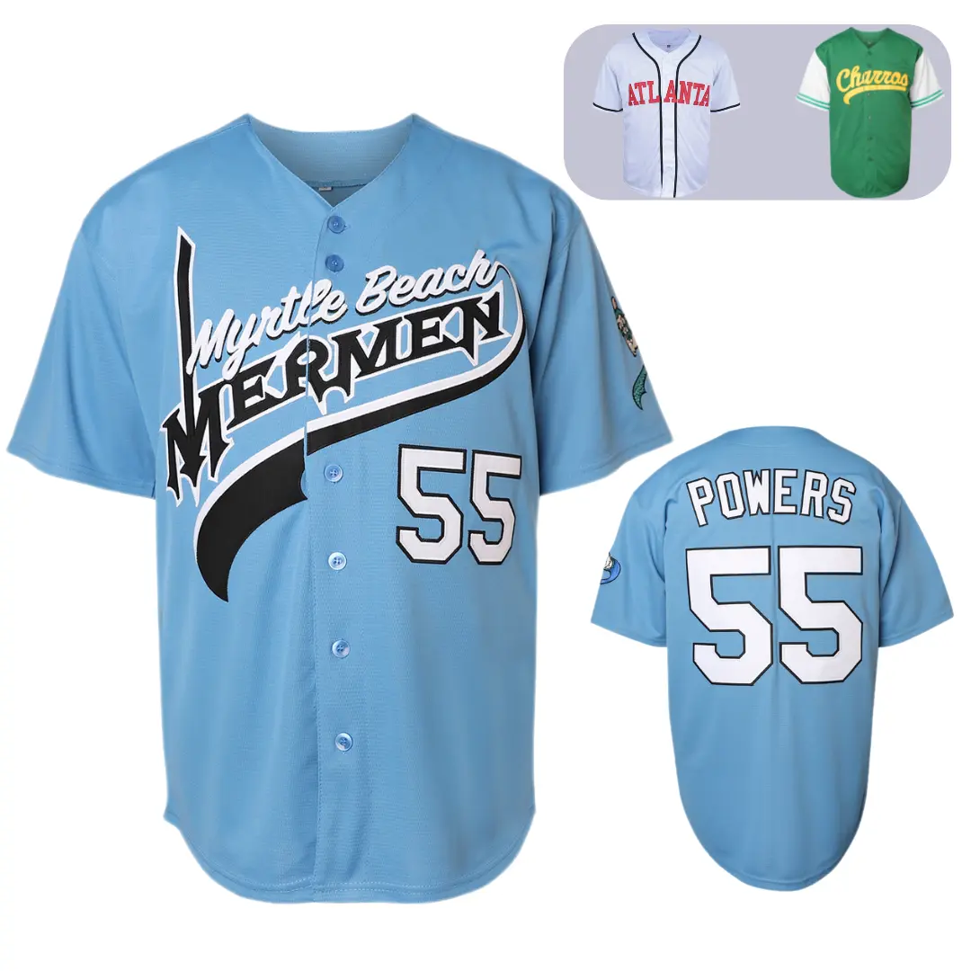 Men's #55 Kenny Powers Myrtle Beach Mermen Light Blue V-Neck Polyester Jersey Top - Relaxed Cut, Breathable Fabric, Embroidered Graphics, Professional Sports Style for Sports Fans, Casual Wear