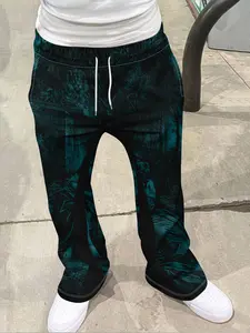 Vintage Men's Geometric Print Pants, Drawstring Waist Pants, Loose Bell Bottoms, Drawstring Sportswear, 3D Soft Breathable Fabric, Casual All-Season Fashion, Menswear