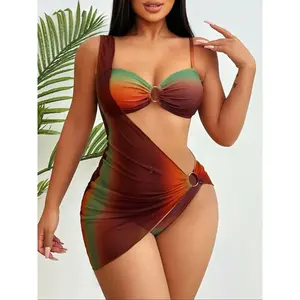 FSTVE Women's Ombre Print Ring Linked Bikini Set, Casual Adjustable Strap Swim Top & Swim Bottom & Cover Up Skirt Set, Ladies Swimsuit for Beach Holiday Vacation, Color Block Bikini, Colorblock Print Swimsuit