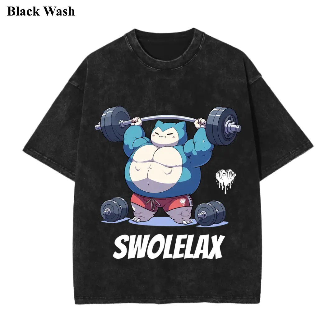 Vintage Swolelax Wash Tee, Swolelax Gym Graphic Tees, Pocket Monster T-Shirt, Unisex Anime Shirt, PKM Gift, Gym Workout Shirt, Menswear Womenswear Streetwear Top Fit Oversize