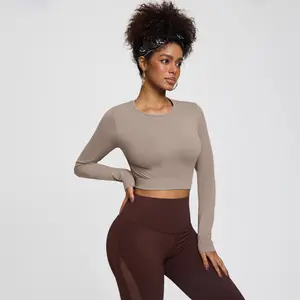 BRXL Women's Seamless Long Sleeve Crop Top - Sporty Sports Tops, No Underwire, Push Up Support, Reflective Logo, Lightweight for Yoga, Gym Workouts,summerwins