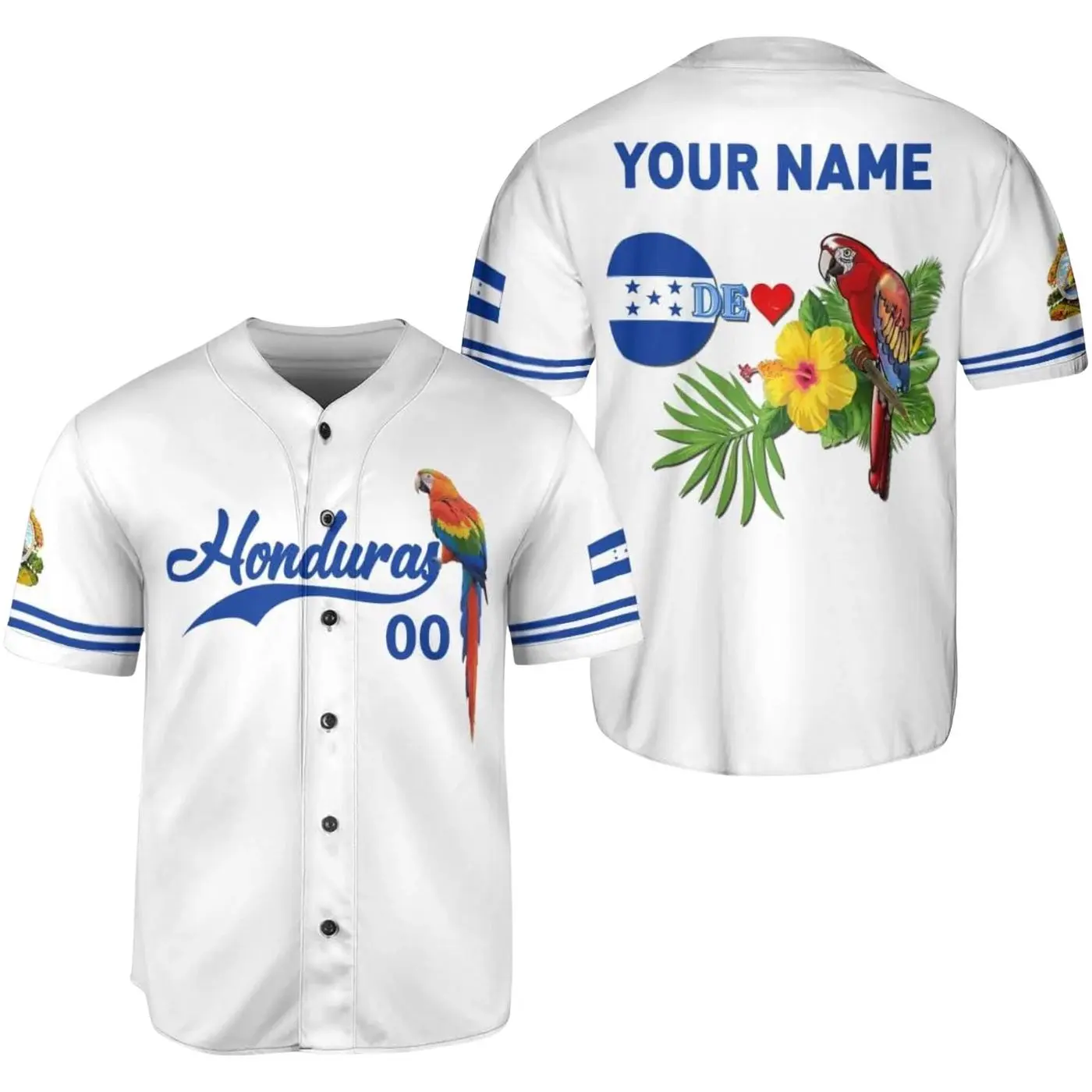 Custom Honduras Baseball Jersey, Personalized Name Shirt, Honduran Flag Macaw Button Up Jersey, Tropical Gift for Men Women Fan Apparel