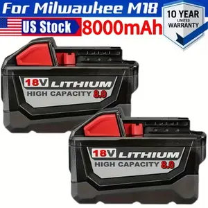 2pcs 8.0Ah 18V Lithium-Ion Battery for Milwaukee M18 - High-Quality, Durable Cells, Compatible with Cordless Power Tools Models 48-11-1850, 48-11-1840, 48-11-1852, 48-11-1860 - Black with Red Accents, Cool & Dry Storage Recommended