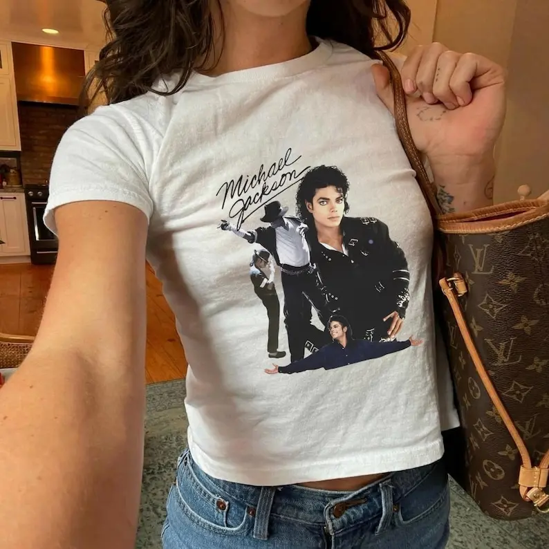 Michael Jackson Collage Baby Tee, Vintage 90s Bootleg Music Shirt, Aesthetic Pop King Graphic Tee, Retro Legends Female Fitted Top