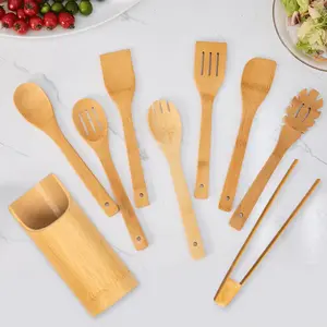 1Set Bamboo Utensils with Holder – Bamboo Cooking Utensils Set + Holder for Nonstick – Wooden Spoon Sets for Cooking – Easy to Clean, Sturdy, Lightweight & Heat Resistant