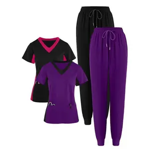 4-Piece Plus Size Women’s Running Matte Stretch Sports Nurse Medical Uniform Frosted Workwear Pocket Drawstring Breathable Hand-Wash Jacket Purple and Black Set GARMENTARY