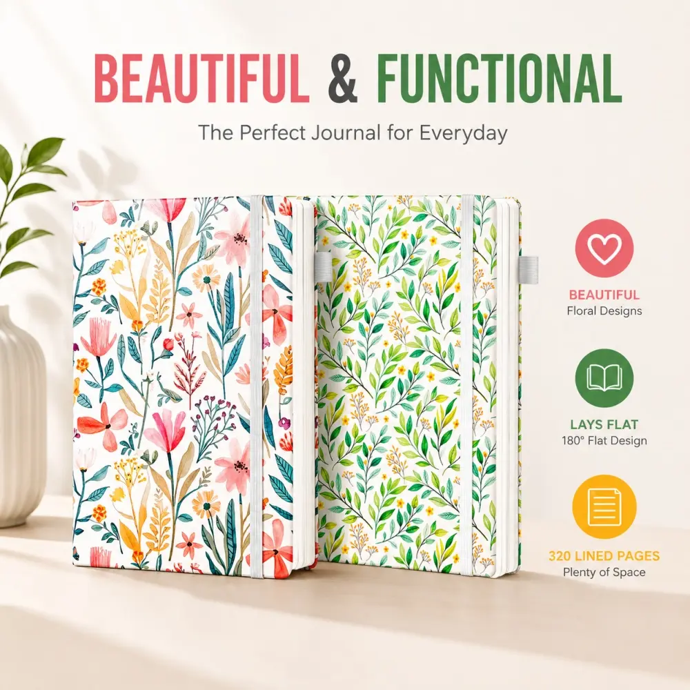 CAGIE A5 Floral Journal Notebook, Hardcover Vegan Leather Journal with 320 Lined Pages, College Ruled Notebook, Thick Paper, Pen Holder, Cute Journal for Women, Writing, Bible Study & Gifts，Junk journal dealsforyourdays