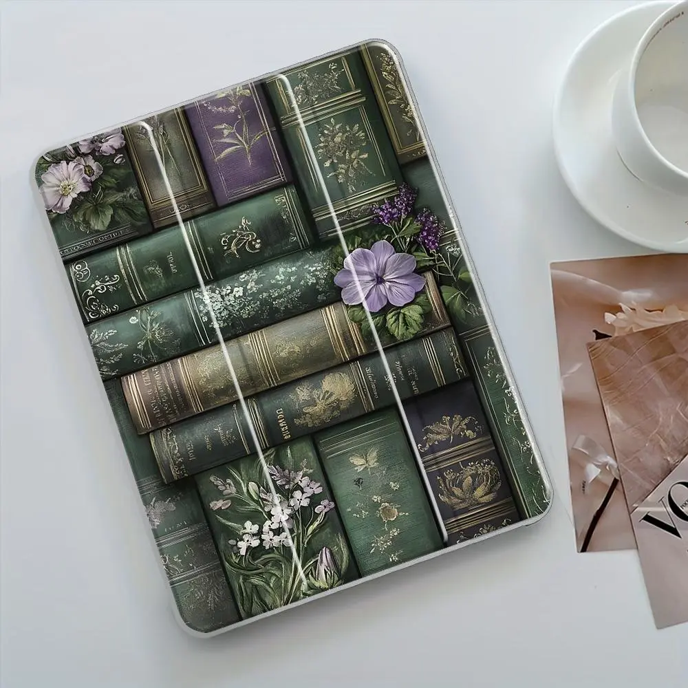 Vintage Floral Book Pattern Tablet Case, Auto Wake/Sleep Tablet Protective Cover with Pencil Holder, Tablet Accessories Compatible with iPad, Tablet Casing