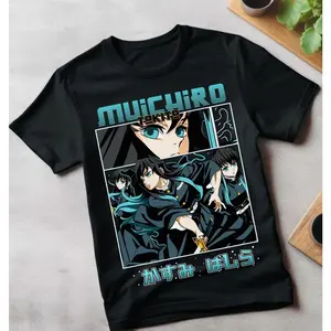 Muichiro Tokito T-shirt Kimetsu no Yaiba Demon Slayer Anime Black Shirt All Size Cotton Top