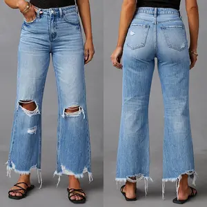 2025 new wide-legged pants tasseled washed holes high-waisted jeans straight type casual pants Women's Womenswear Bottom Denim Fit