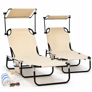 Folding Chaise Lounge Chair Set of 2 with Canopy Shade, Adjustable Reclining Tanning Chairs for Pool, Beach, Patio & Yard