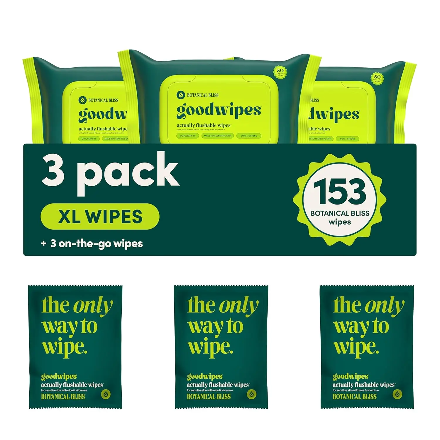 Adults' Flushable Bathroom Wipes with Vitamin E & Aloe - Sewer & Septic Safe, Extra Large, Individually Wrapped, Ready-to-Use, Sealed Packs, 153 Wipes (3 Packs + 3 Individually Packaged Units), Flushable Wipes, Non-Toxic