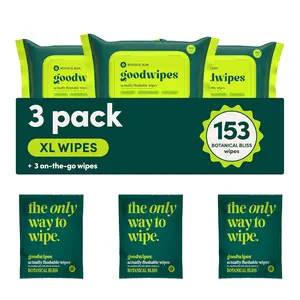 Flushable Butt Wipes - Vitamin E & Aloe - Sewer & Septic Safe - Extra Large Adult Wet Wipes For Women & Men - Toilet Essential - Botanical Bliss, 153 Count (3 Packs + 3 Individually Wrapped)