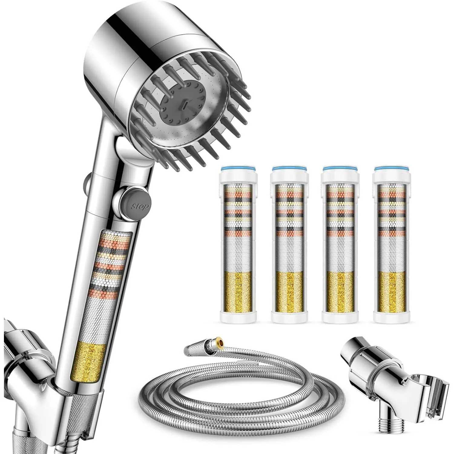 Ion Drops Filtered Shower Head with Handheld with 4PCS Filters, High Pressure 4 Spray Modes Showerhead with Filters, Water Softener Filters for Hard Water, IonDrops 70" Hose (Chrome)
