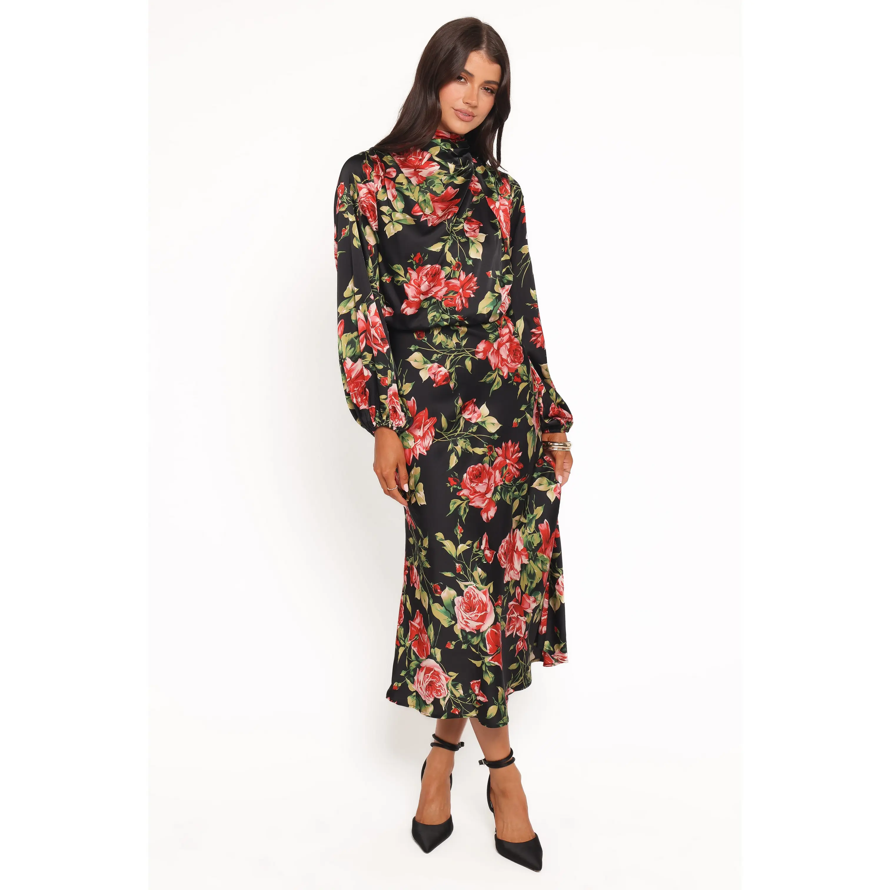Perrie Long Sleeve Midi Dress - Black Floral