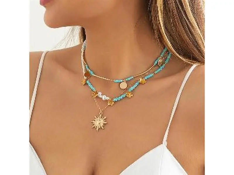 Multi-Layer Sunflower Asymmetry Pearl Choker Necklace Bead Chian for Women