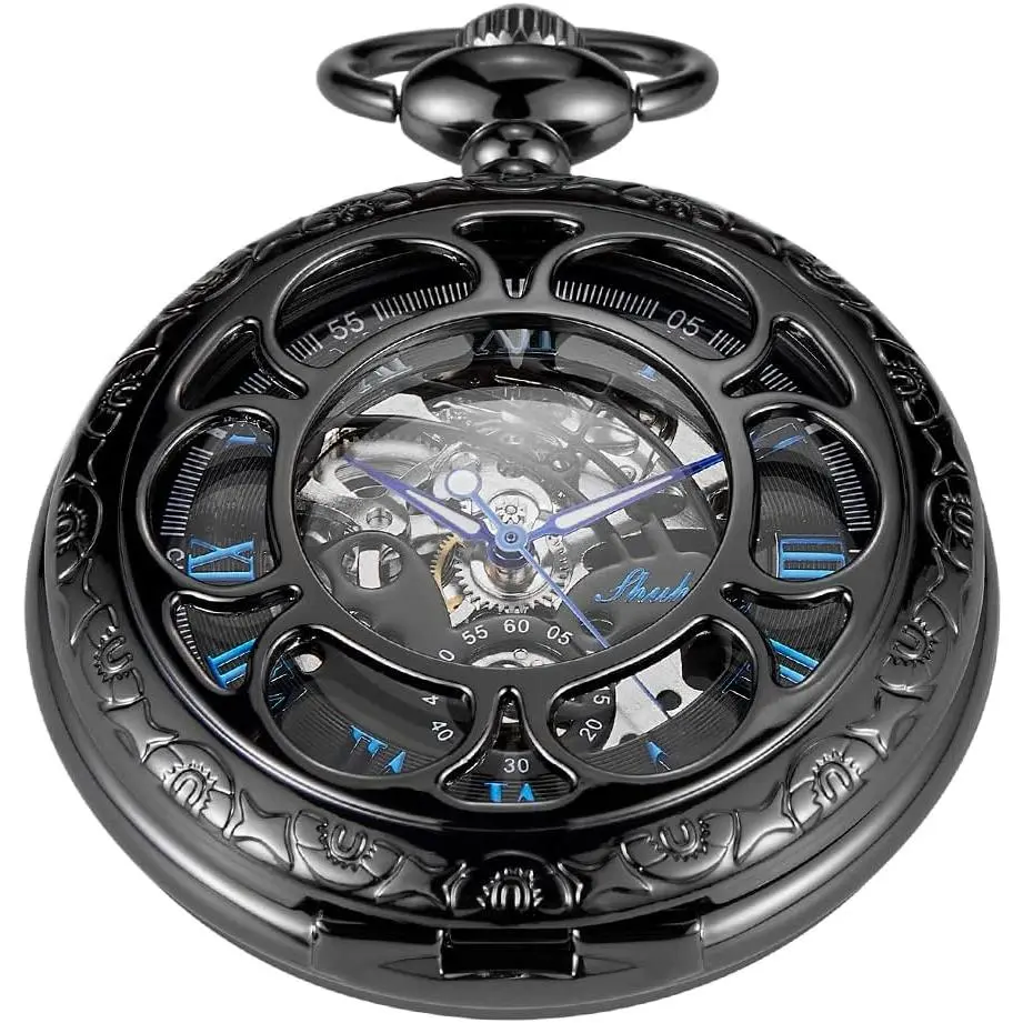 Black and  Roman Numeral Dial Mens Mechanical Moon Phase Design, Moon Sun  Skeleton Mechanical Pocket Watches for Men with Case and Chain - Black