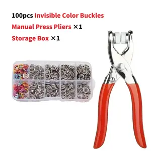 100Pcs Buttons & Pliers Tool Kit,Household Sewing Accessories for DIY Handicraft Clothing & Hat,Including 100pcs Invisible Colored Metal Buckle & 1 Count Manual Pressure PliersSeamless Stitching Sewing Kit Tools,Sewing Supplies Crafts