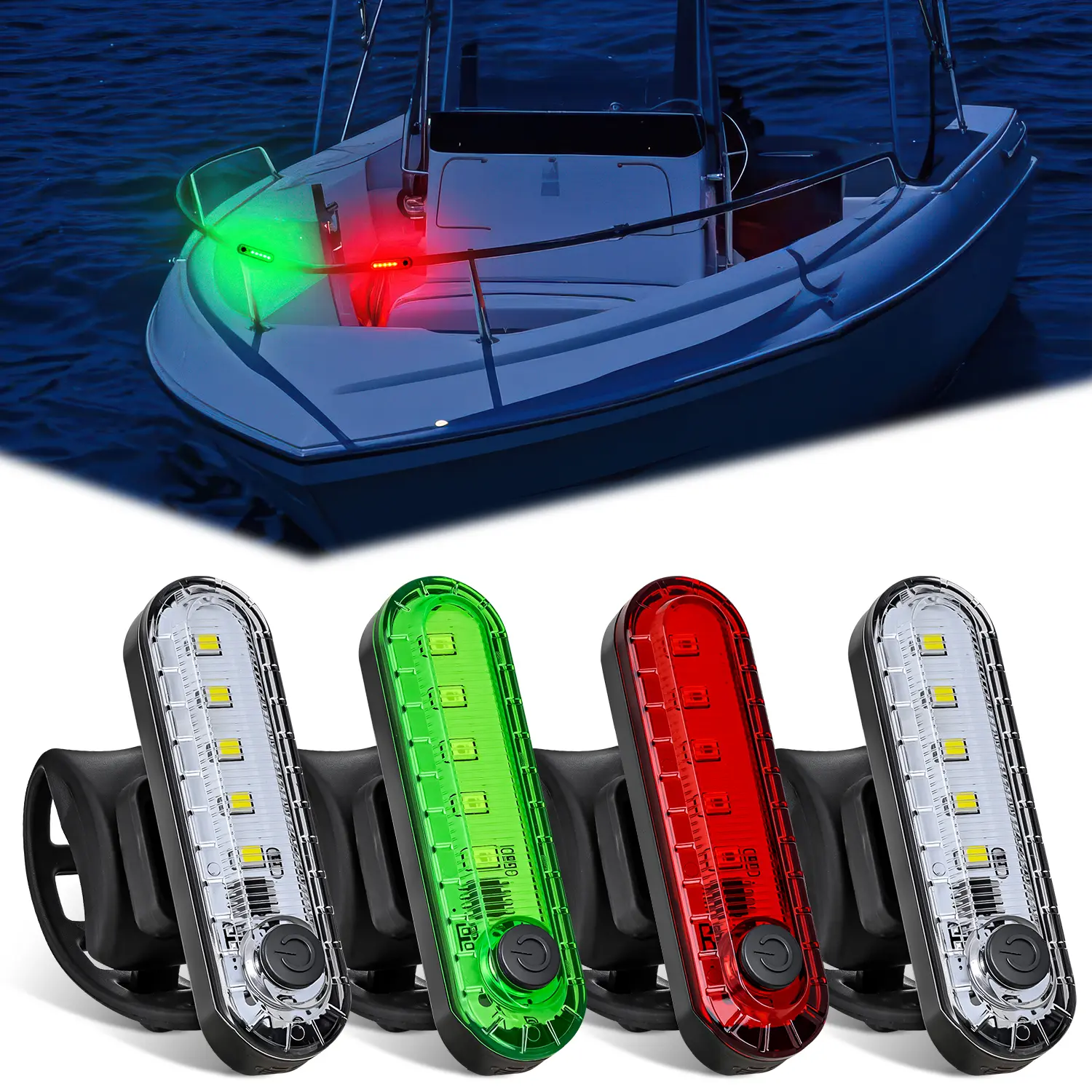 Nilight 4PCS Marine Boat Navigation Lights - Red/Green Port/Starboard, White Stern, 4-Mode, Waterproof, Rechargeable Safety Lamp with Silicone Cover, Easy Mount, Rubber Strap for Yacht, Pontoon, Bike, Multi-Mode