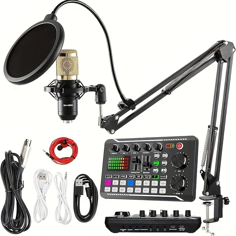 Professional BM800+F998 Podcast Microphone Set with F998 Sound Card, Audio Interface, Built-in Lithium Ion Battery & Storage Box - for Recording, Live Streaming, Built-In Li-Ion