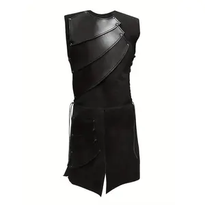 Men's Sleeveless Side Strap Round Neck Patchwork Vest Medieval Costume Stage Outfit Tank Top Clothes Cotton