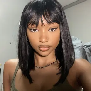 [Full Hair]AliPearl Wigs Yaki Straight Short Bob Wig with Bangs None Lace Machine Made Bob Wig Kinky Straight Glueless Human Hair Natural Look
