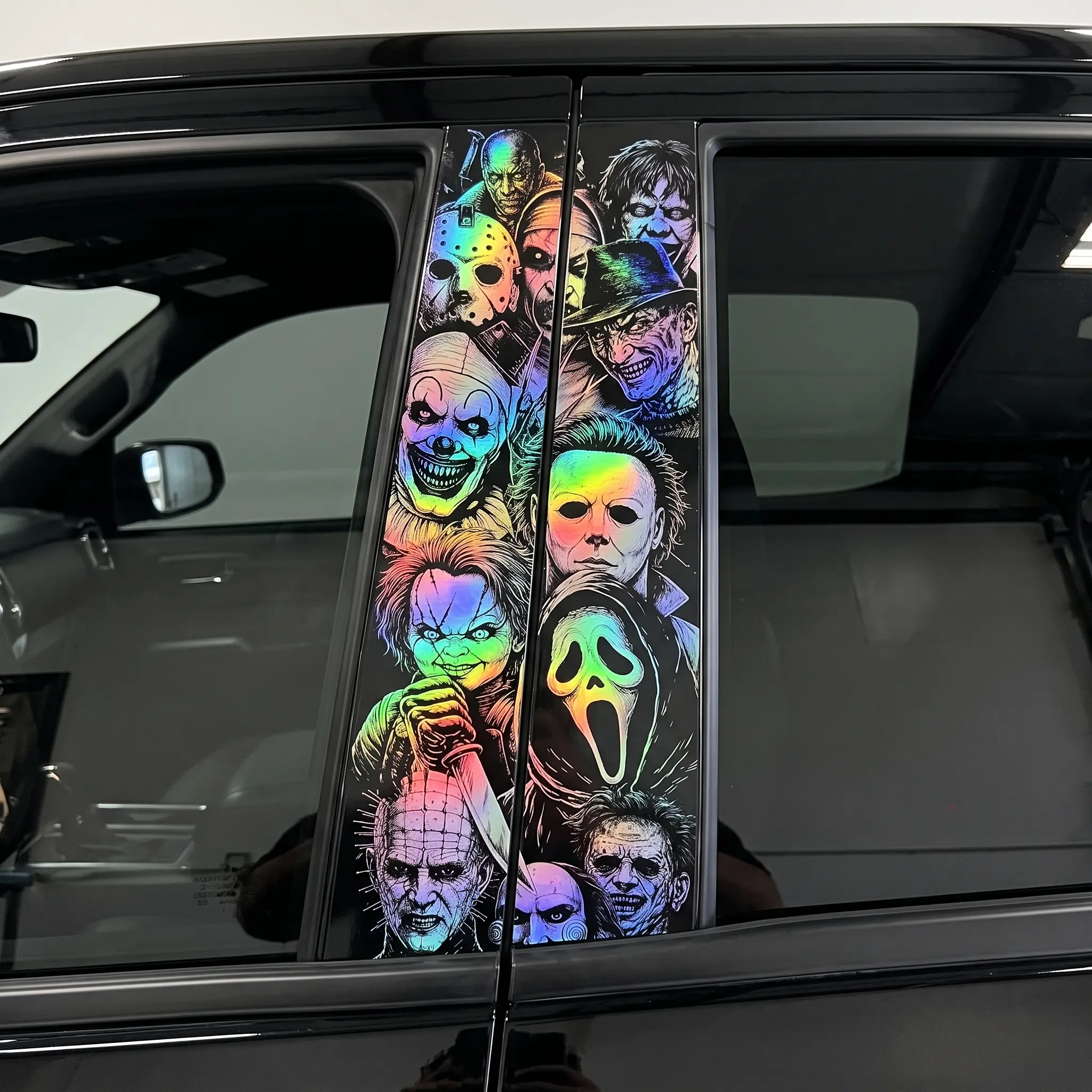 Holographic Halloween Car B-Pillar Decal (2-Pack) – Iridescent Rainbow Vinyl Window Pillar Stickers, Spooky Exterior Trim Decor & Scratch Cover for Cars, SUVs, and Trucks