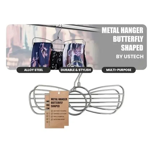USTECH Butterfly Shaped Multi-Purpose Metal Hanger - Scarf, Hijab, Belt, Tie, Jewelry | Space-Saving Closet Organizer for Men and Women | Chrome Finish Construction | 2 Pack Hanging Hook Smooth Steel