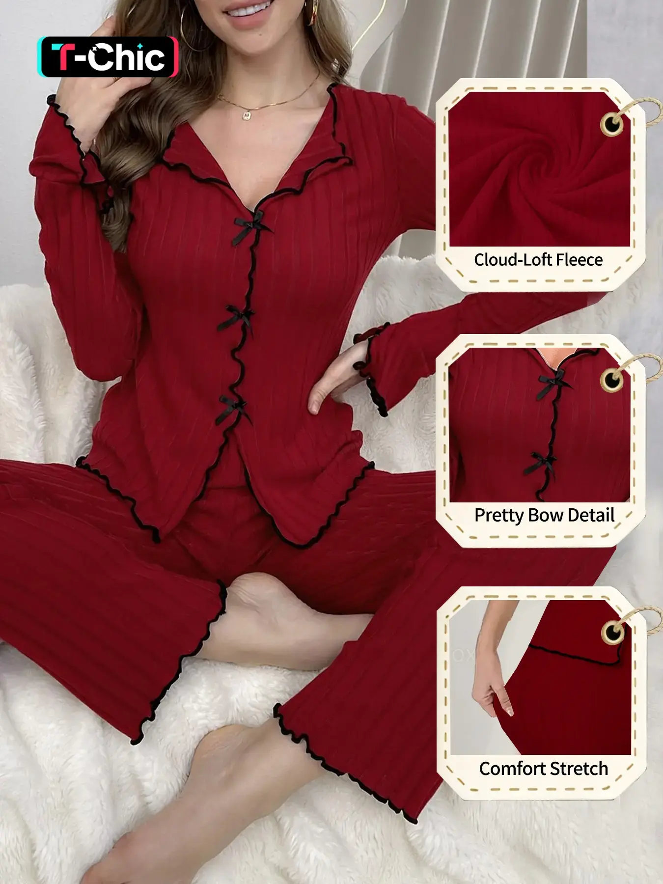 Women's Spring Autumn Winter Plain Thickened Warm Sweet Bow Lace V-Neck Long Sleeve Soft Sleepwear Loungewear Home Two-Piece Pajama Set Loungewear Nightwear