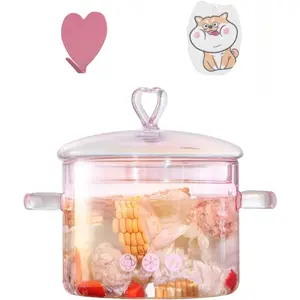 2L  Glass Simmer Pot, 2000ml/2.2Qt/68oz, Glass Pots for Cooking on Stove, Heart-shaped Lid, Heat Resistant 0 to 400 ?, Oven Gas Electric Stove Dishwasher Safe for Potpourri Pasta Soups