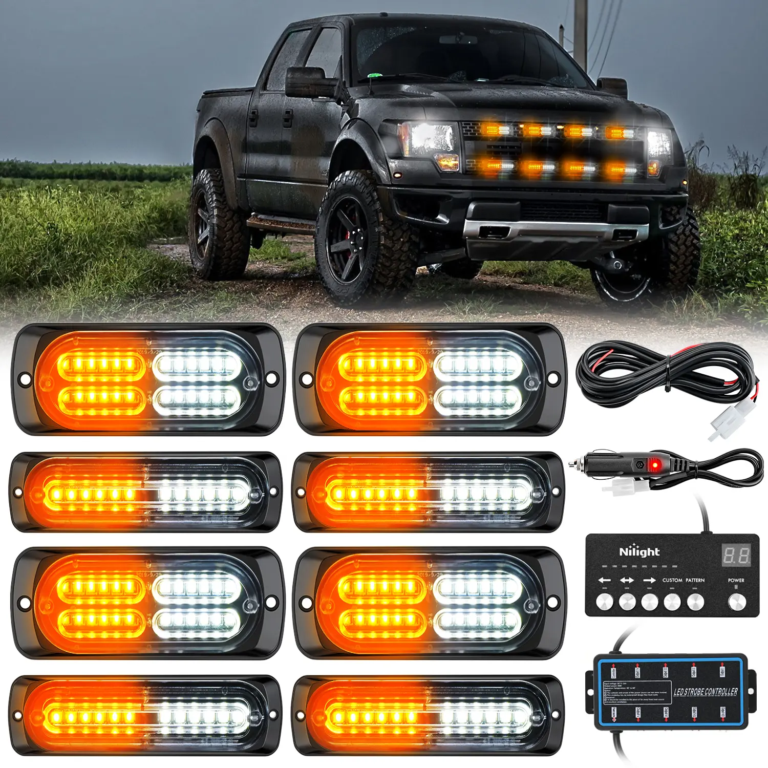 Nilight 8PCS 12V-24V LED Strobe Light Modules with Sync Feature, Amber/White 12-24LEDs Controller, Car Accessories Compatible with Semi Trucks, RVs & Led Light Bars
