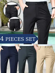 4-Pack Men's Solid Color Business Pants, Loose Straight Stretch Trousers, Wrinkle-Resistant & Non-Iron, Versatile for Work & Casual Daily Wear