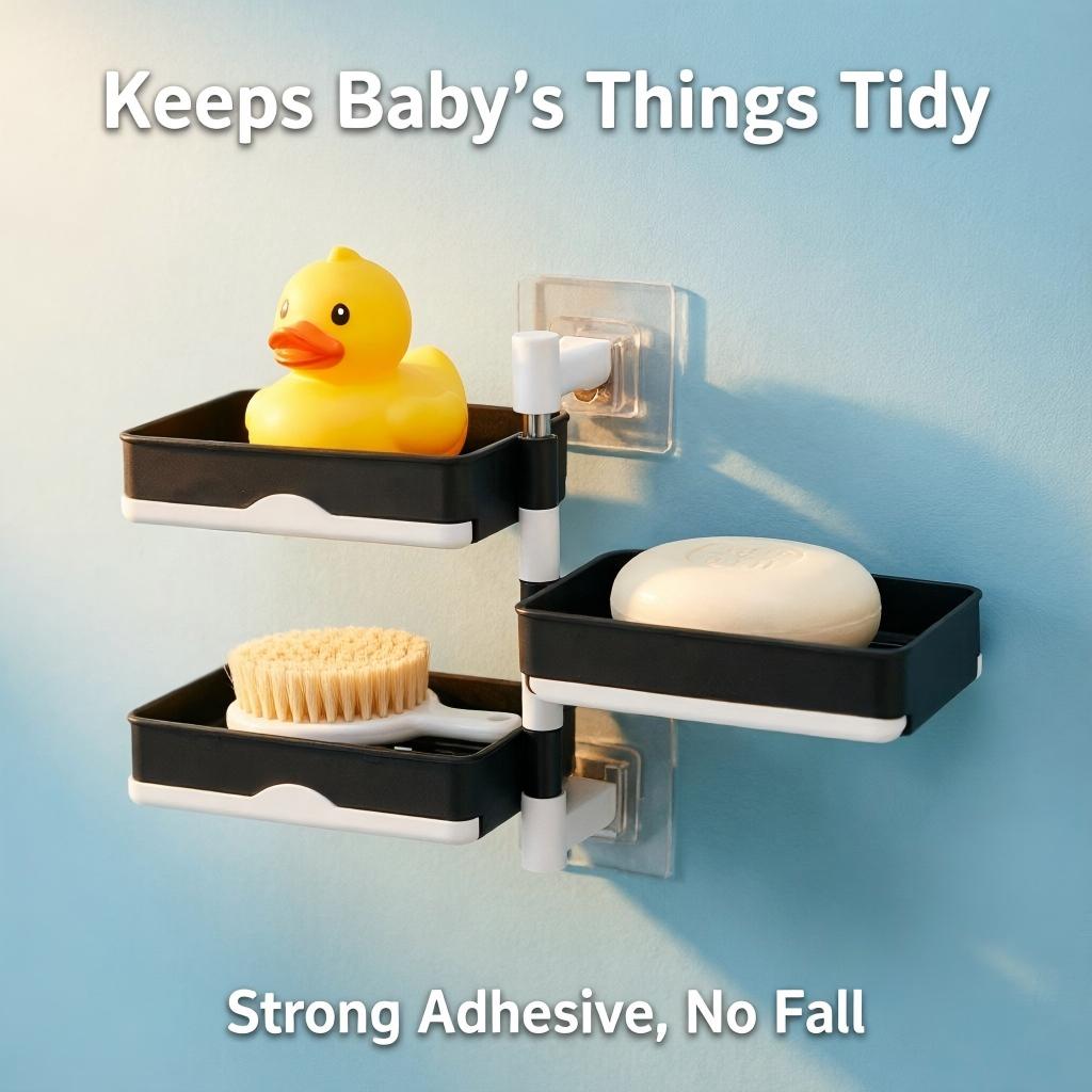 Three-tier wall-mounted, no-drill soap holder, 180-degree rotating, with soap drain tray, bathroom soap rack, toiletries storage shelf. Three-tier wall-mounted, no-drill soap holder, 180-degree rotating, with soap drain tray, bathroom soap rack, toiletries storage shelf.