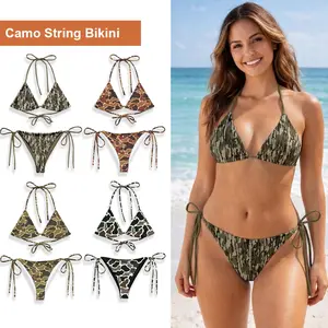 Bottomland Camo String Bikini, Swimsuit Women's Sexy Triangle Strappy, Trendy Swimwear, Camo Bikini For Women, Gift For Her
