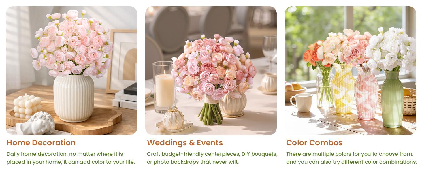 SHareconn 30Pcs Mini Artificial Ranunculus Flowers Faux Silk Spring Bouquets for DIY Wedding Bridal Shower Home Decor Premium Silk Dual Bloom Design