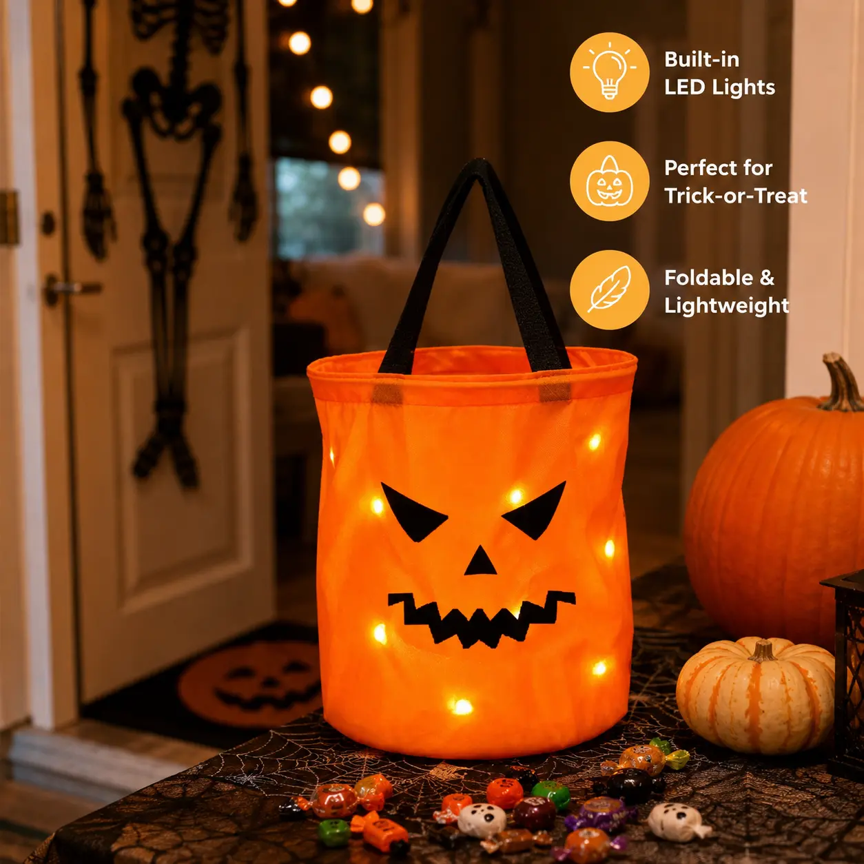 1 Count, Orange Halloween Trick or Treat Bucket with Printed Spooky Face and Carry Strap, for Halloween Candy Collection and Themed Party Use