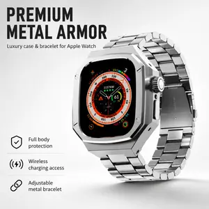 Metal Protective Case with Band Compatible with Apple Watch Ultra 2 49mm, Stainless Steel iWatch Strap with Tempered Glass Screen Protector, Outdoor Daily Use