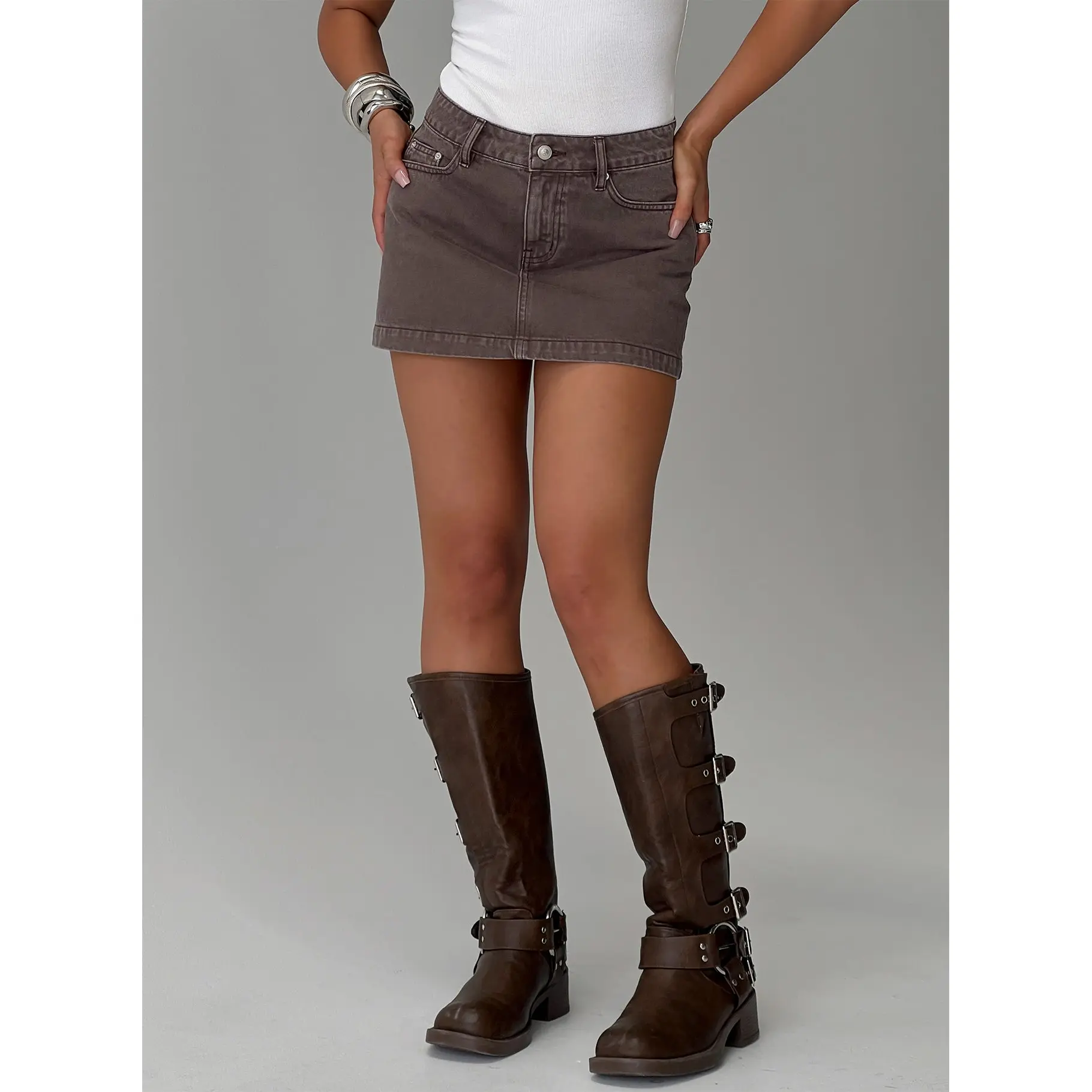 Nicolina Low Rise Denim Mini Skirt Washed Brown