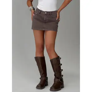Nicolina Low Rise Denim Mini Skirt Washed Brown