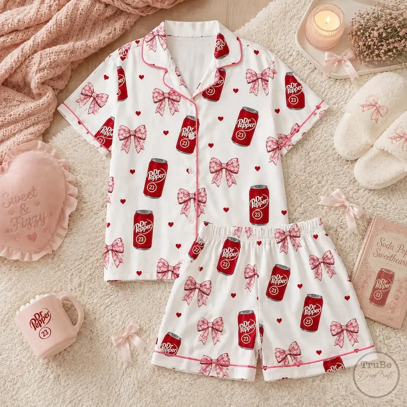 Pinky Coquette Dr Pepper Satin Pajamas Set, Daily Drink Soda Dr Pepper Sleepwear, Bow Pattern Gift for Her, Girly Dr Pepper Pjs