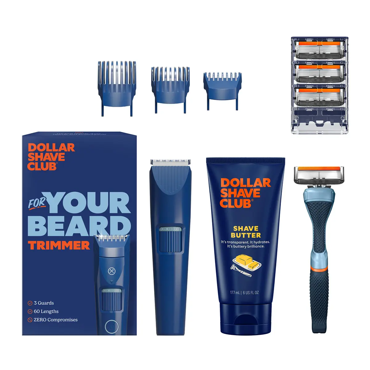 Dollar Shave Club Men's Beard & Shave Bundle – For Your Beard Trimmer + Diamond Grip Handle + Signature 6-Blade Refills + Shave Butter Durable Smooth