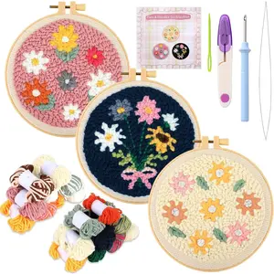 3 Set Punch  Embroidery Starter Kits Includes Punch  Fabric with Daisy , Yarns, Embroidery Hoops, Sewing , Instruction for Adults Beginner DIY  Crafts Gifts