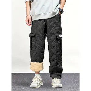 Men's plush thick multi pocket workwear cotton pants Winter lamb wool warm outdoor cold proof ankle pants Multi colored loose oversized quilted casual warm pants Men's autumn and winter windproof and temperature locking workwear cotton pants
