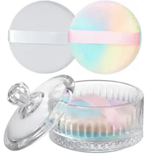 Large Powder Puff with Container Set, Glass Powder Puff Holder with Lid and 2 Ultra-Soft Velvet Puffs, Elegant Crystal Glass Storage Jar for Loose Powder, Body Powder and Setting Powder