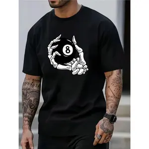 Men's & Women's 100% Cotton T-Shirt - Billiard 8- & Number 8 Print Black & White Casual Tee, Short Sleeve Round Neck Regular Fit for Pool Parties, Halloween Costumes, Birthday Gifts - Unisex Apparel