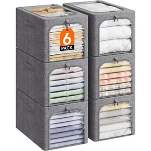 6 Pack Clothes Storage Bins with Metal Frame Foldable Clothing Storage Bins with Lids 40L Stackable Storage Box Storage Bags Fabric Bins Organizer with Clear Window Zippers Sturdy Handles