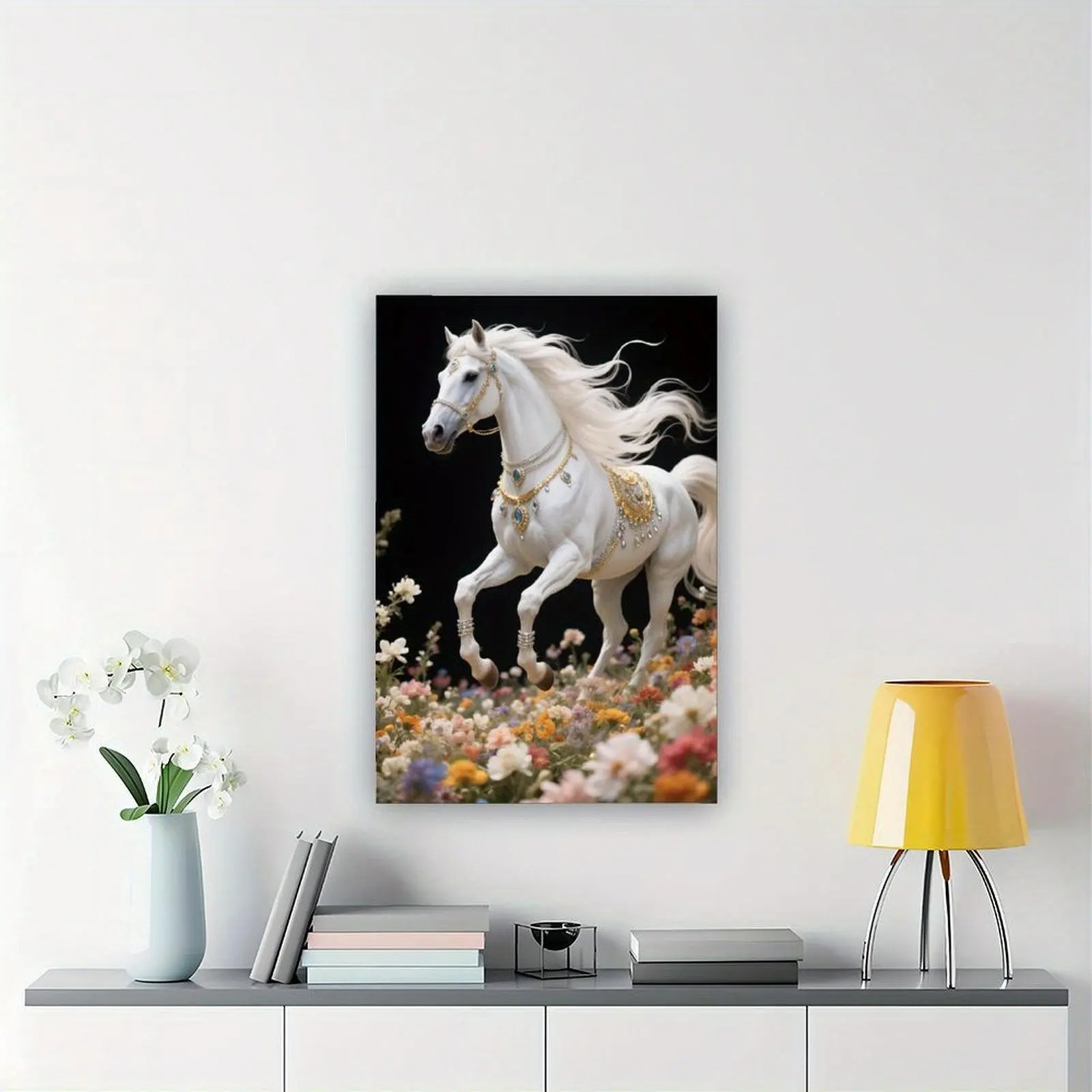 1pc Artistic Large Vertical Wood-Framed Canvas Wall Art Print - Elegant Galloping White Horse with Golden Bridle, Flowing Mane, Golden Tones, All Seasons Home Decor, Ideal Mother's Day Gift for Living Room, Bedroom, House